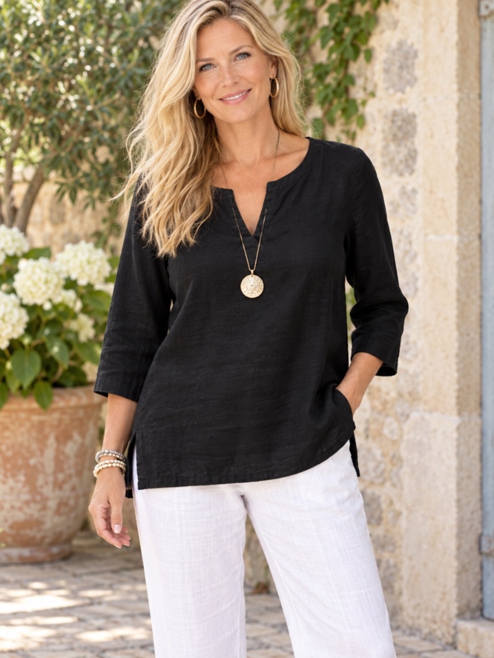 J.Jill Black Linen 3/4 Sleeve Tunic Top Size Small Split Neck Lagenlook